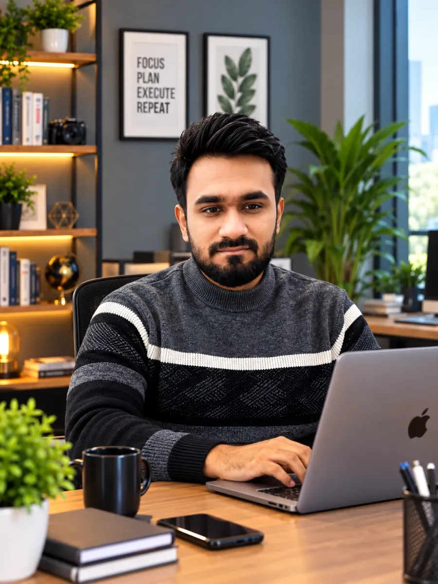 Kamran Afzal, freelance Drupal developer, working on a laptop at his desk