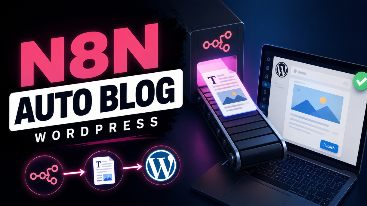 Promo graphic for N8N auto blog with WordPress: conveyor belt automates blog publishing to WordPress dashboard