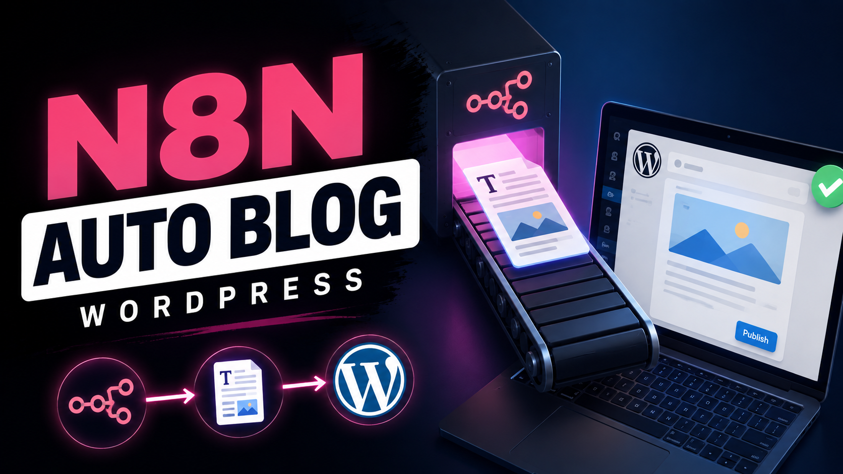 Promo graphic for N8N auto blog with WordPress: conveyor belt automates blog publishing to WordPress dashboard