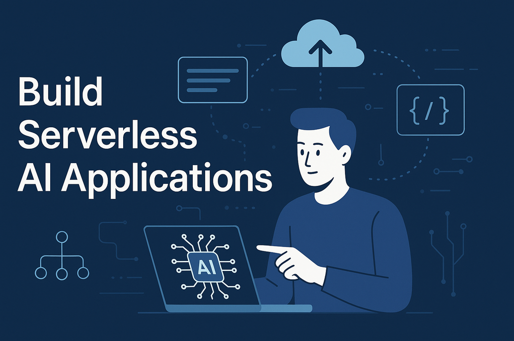 Illlustration of a person at a laptop with an AI circuit on the screen, surrounded by cloud and code icons, promoting serverless AI apps.