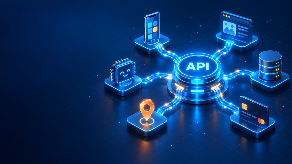 Illustration of an API hub connecting apps, databases, payments and AI models