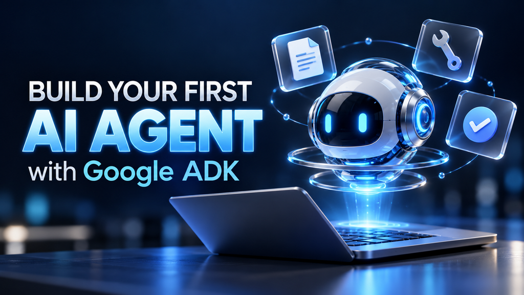 Chatbot speech bubble beside an AI agent with search, document, tool, and validation icons.