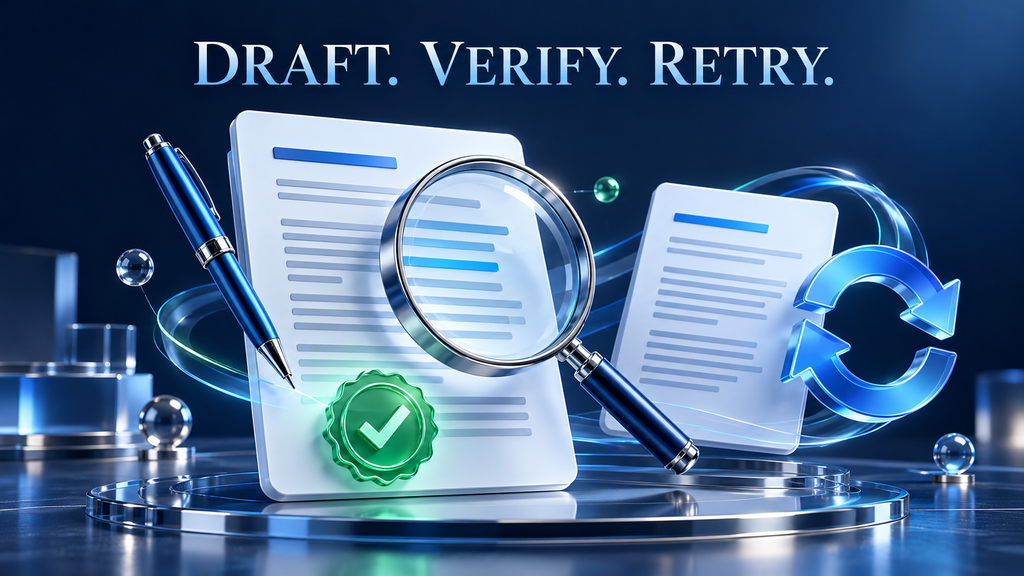 Draft documents with a magnifying glass, approval checkmark, and retry symbol.